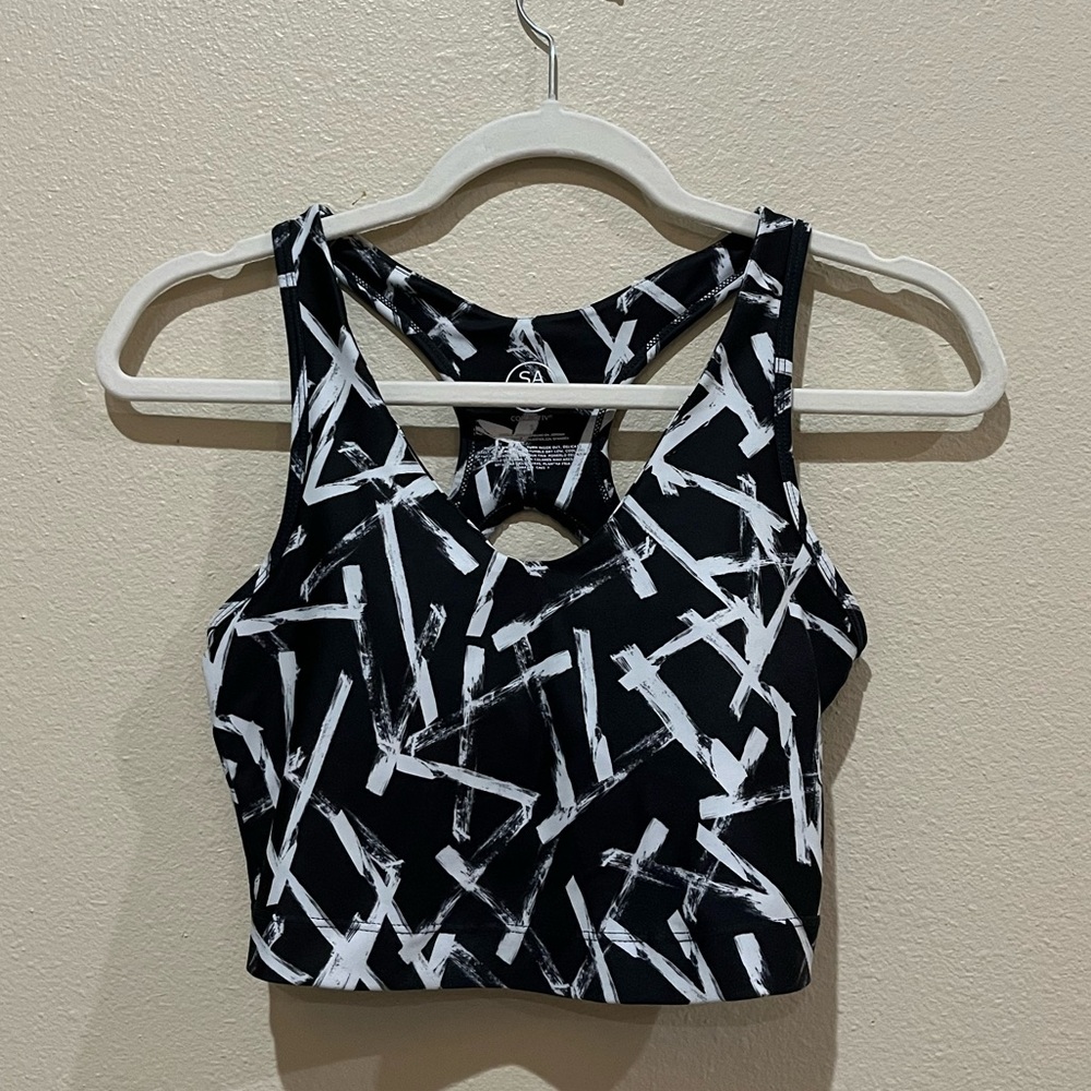 Sage Collective Black & White Printed Built in Bra Racerback Crop Tank Top